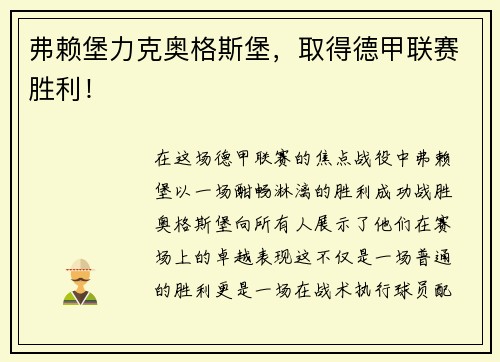 弗赖堡力克奥格斯堡，取得德甲联赛胜利！