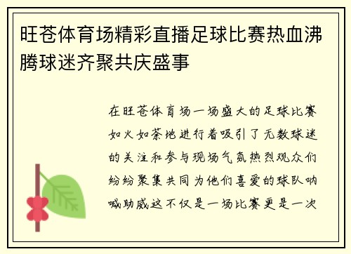 旺苍体育场精彩直播足球比赛热血沸腾球迷齐聚共庆盛事